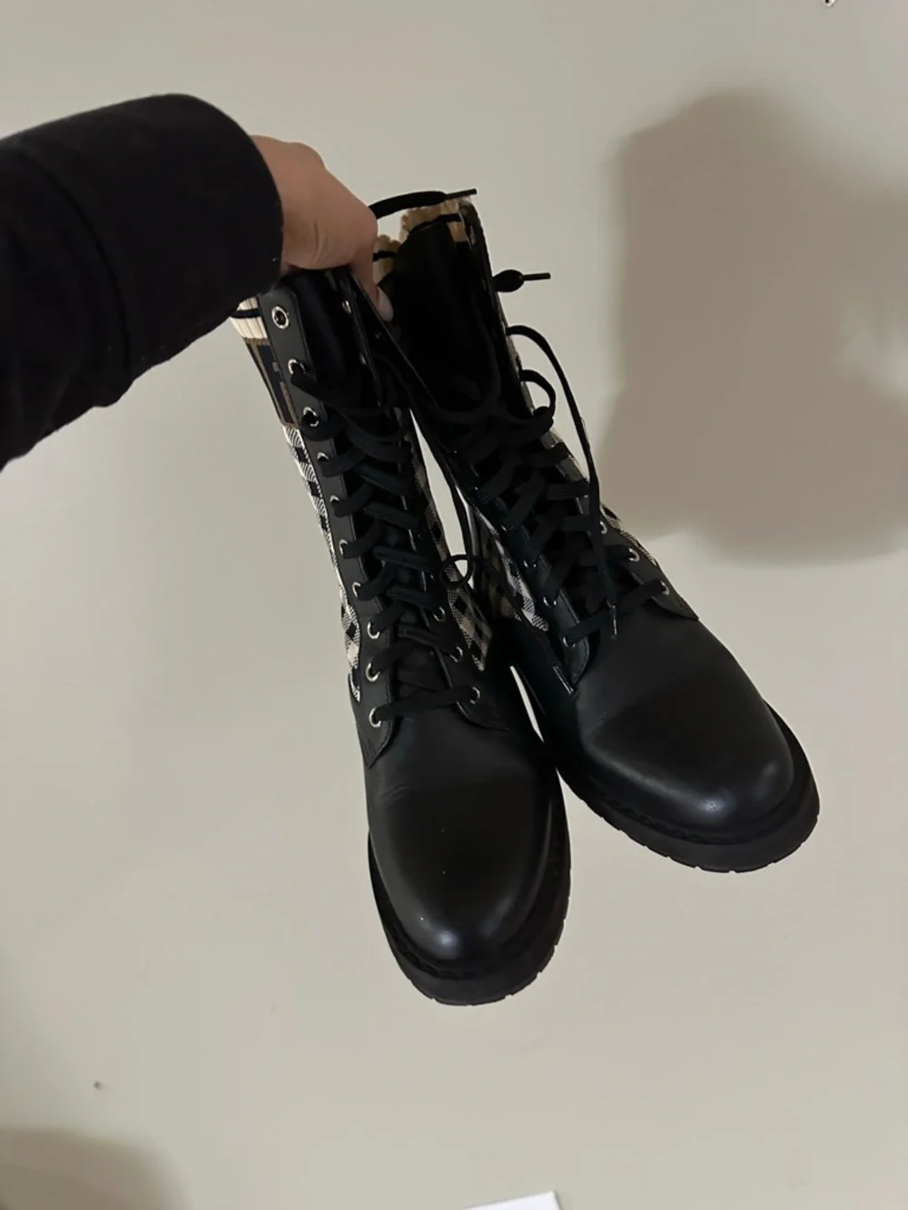 Fendi Black Leather & Cream Check Lace-Up Combat Boots - Picture 3 of 4